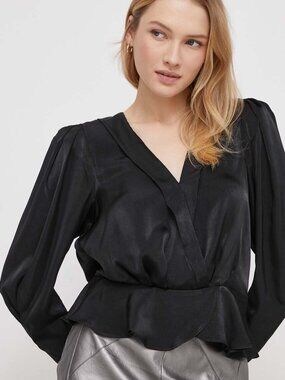 DKNY Black Satin Surplice V-Neck Long Puff Sleeve Peplum Blouse